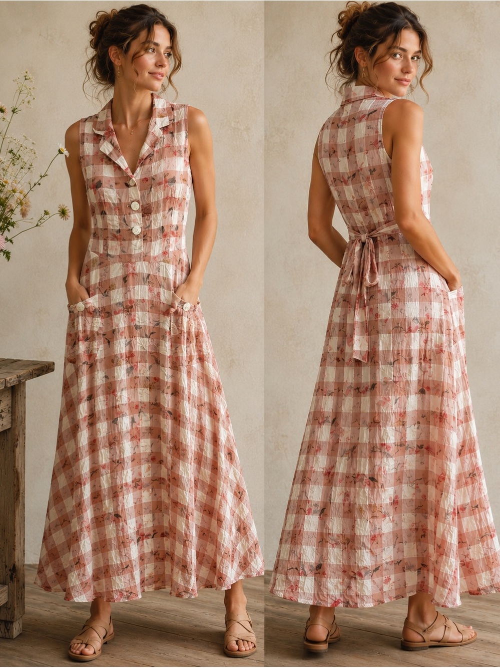 Vintage Inspired Cottagecore Floral Gingham Maxi Dress